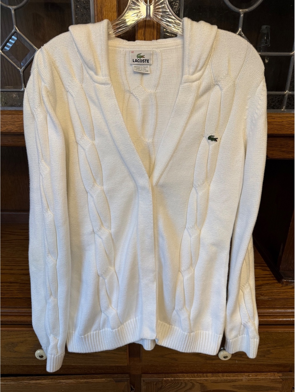 Lacoste White Cable Knit Hooded Cardigan Size 42 Preppy